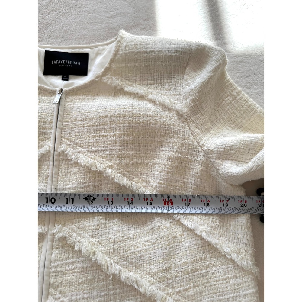 Lafayette 148 New York Harlow Tweed Jacket White Fringe Zip Size 12 - Picture 9 of 12